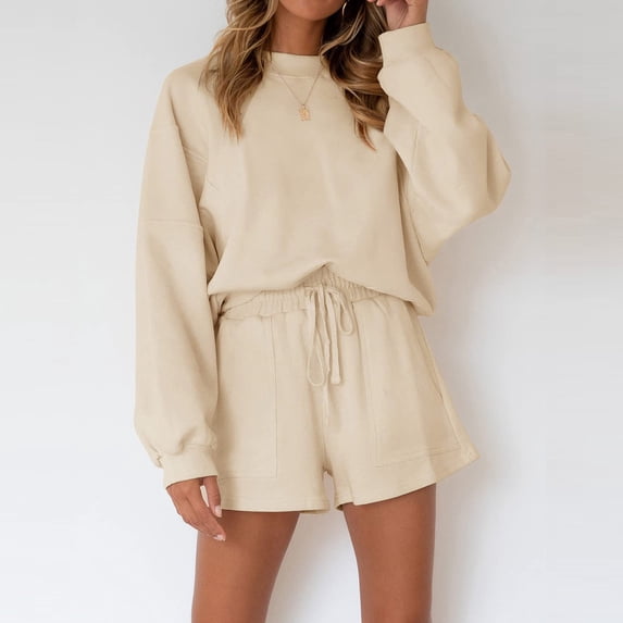 Sweatsuit Sets for Women 2 Piece Lounge Outfits Long Bell Sleeve Crewneck Sweatshirts and Elastic Drawstring Shorts Sleepwear Activewear