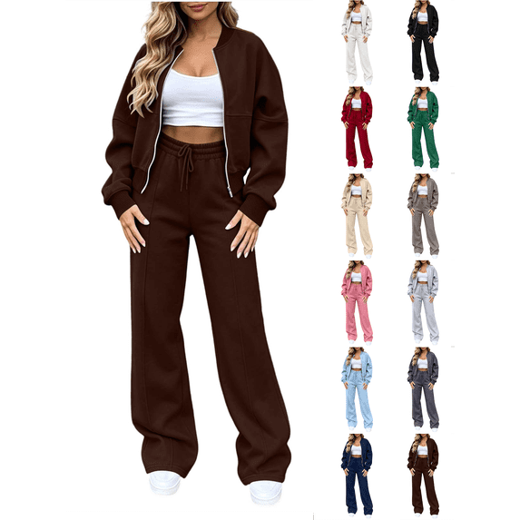 Sweatsuit Sets for Women Nelozsy Women's Winter Casual Ribbed Zip-Up Round Neck Top Elastic Waist Drawstring Pants Set 2-Piece Set Coffee S