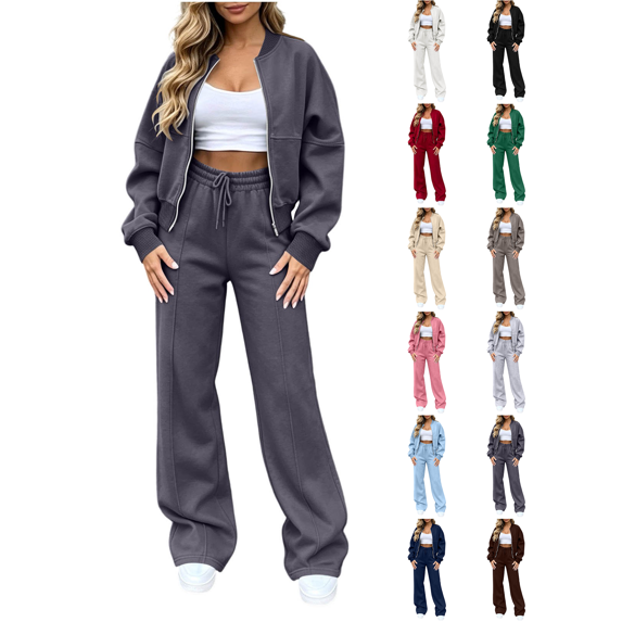 Sweatsuit Sets for Women Nelozsy Women's Winter Casual Ribbed Zip-Up Round Neck Top Elastic Waist Drawstring Pants Set 2-Piece Set Dark Gray L