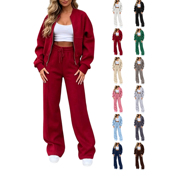 Sweatsuit Sets for Women Nelozsy Women's Winter Casual Ribbed Zip-Up Round Neck Top Elastic Waist Drawstring Pants Set 2-Piece Set Red S