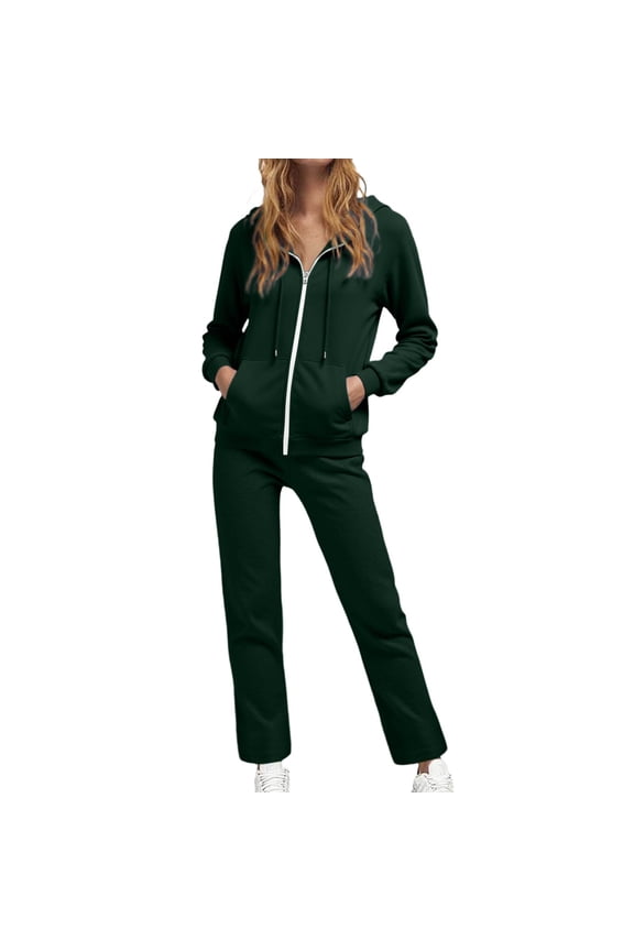 Sweatsuit Womens Casual Hooded Tracksuit Set Solid Zip Up Sweatshirt Drawstring Track Suit Green L
