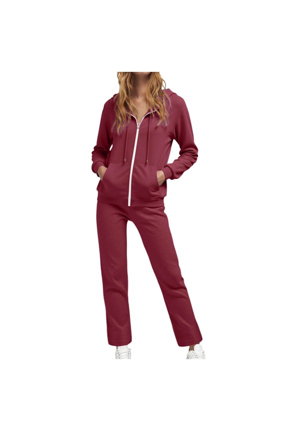 Sweatsuit Womens Casual Hooded Tracksuit Set Solid Zip Up Sweatshirt Drawstring Track Suits Women Set Red M