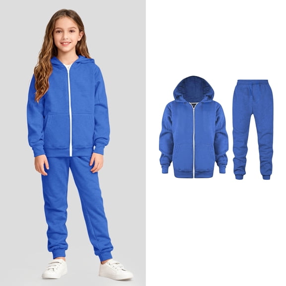 Sweatsuit for Girls Zipper Blue Track Suit Hooded Sweatshirt and Sweatpants Set Clothes for 5-6 Years Old Girls