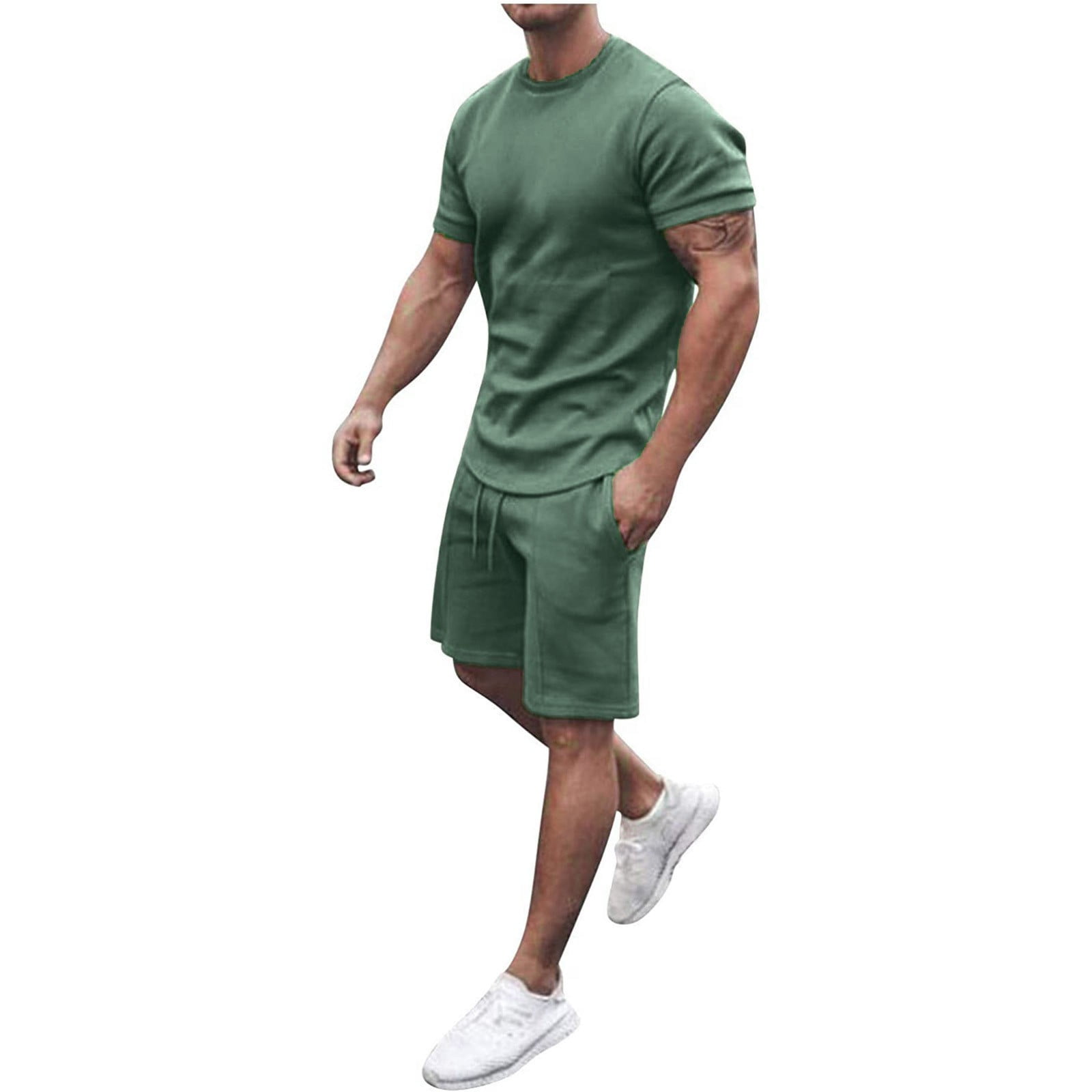 Sweatsuit for Men 2 Piece Short Set Summer Short Sleeve Sweatsuit Sets Pure Elastic Waist Shorts Set