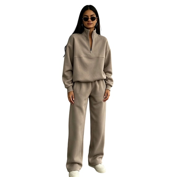 Sweatsuits 2 Piece Set for Women Half Zip Stand Collar Sweatsuits Long Sleeve Sweatshirt & Straight Leg Pants Sports Casual Winter Tracksuit Camel XXXL