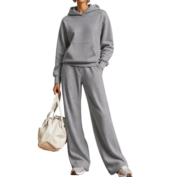 Sweatsuits 2 Piece Set for Wowomen Hooded Long Sleeve Hoodies and Elastic Waist Wide Leg Sweatpants Set with Pockets Tracksuit Set Casual Warm 2026 Fall Winter Y2k Workout Lounge Suit Set,Gray S