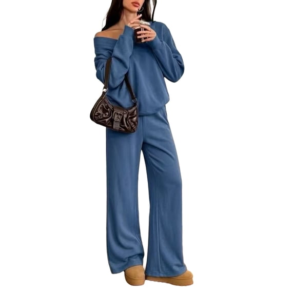 Domzest Sweatsuits 2 Piece Sets for Women Long Sleeve V Neck Off the Shoulder Sweatshirt & Wide Leg Sweatpants Casual Fall Outfits Blue M