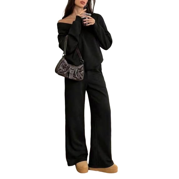Domzest Sweatsuits 2 Piece Sets for Women Long Sleeve V Neck Off the Shoulder Sweatshirt & Wide Leg Sweatpants Casual Fall Outfits Black S
