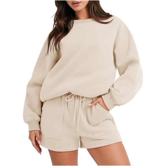 Sweatsuits 2 Piece Womens Sets Long Sleeve Loose Crewneck Sweatshirt Top and Elastic Waist Shorts Jogger Outfits (XX-Large, Khaki)