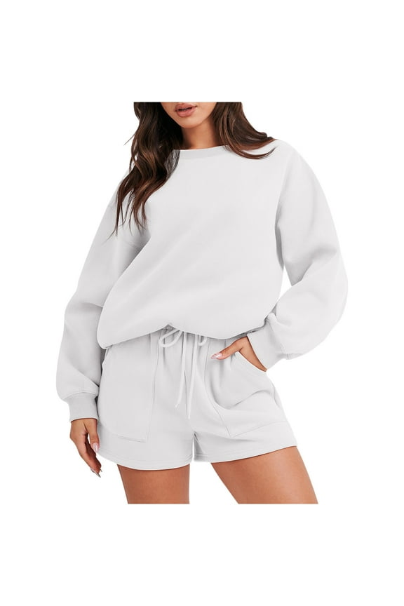 Sweatsuits 2 Piece Womens Sets Long Sleeve Loose Crewneck Sweatshirt Top and Elastic Waist Shorts Jogger Outfits (XX-Large, White)