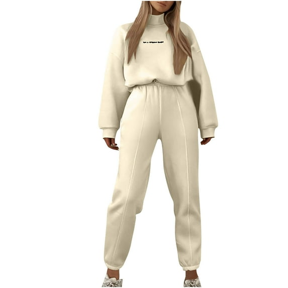 Sweatsuits 2PC Sets for Women Fall Winter Long Sleeve Casual Loose Drawstring Zip Front Hooded Sports Daily Hoodie Set,Beige 2,S