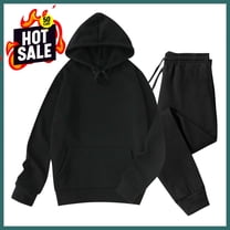 Sweatsuits 2pcs Sets Men Velvet Solid-Color Casual Loose Pocket Drawstring Long Pants Sweatshirt Long Sleeve Hooded Set,Black L