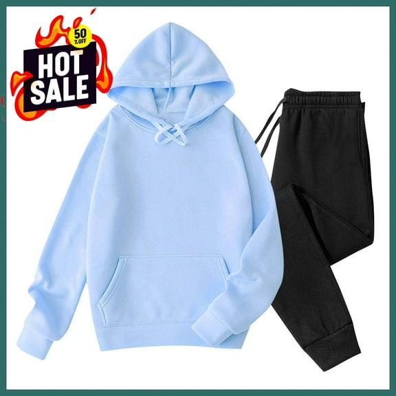 Sweatsuits 2pcs Sets Men Velvet Solid-Color Casual Loose Pocket Drawstring Long Pants Sweatshirt Long Sleeve Hooded Set,Light Blue XL