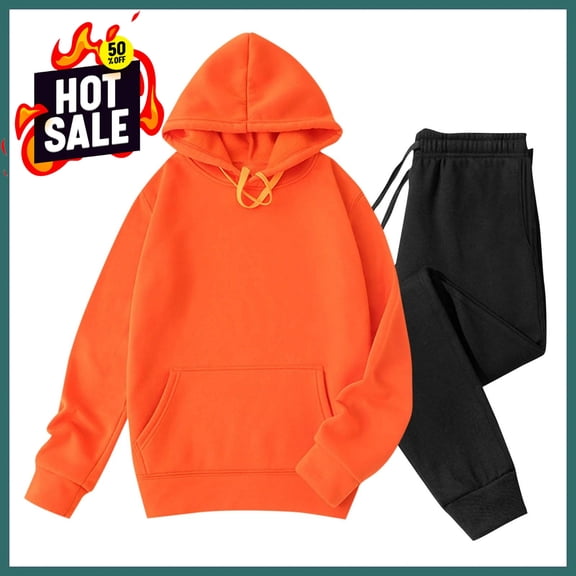 Sweatsuits 2pcs Sets Men Velvet Solid-Color Casual Loose Pocket Drawstring Long Pants Sweatshirt Long Sleeve Hooded Set,Orange XL