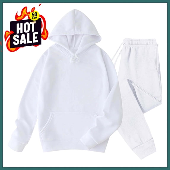 Sweatsuits 2pcs Sets Men Velvet Solid-Color Casual Loose Pocket Drawstring Long Pants Sweatshirt Long Sleeve Hooded Set,White 3XL