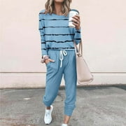 ITSAME Sweatsuits 2pcs Sets Womens Jogger Set Long Sleeved Round neck Wave Leisure Fashion Loose Two Piece Sweatpants Joggers Light Blue Size 4XL
