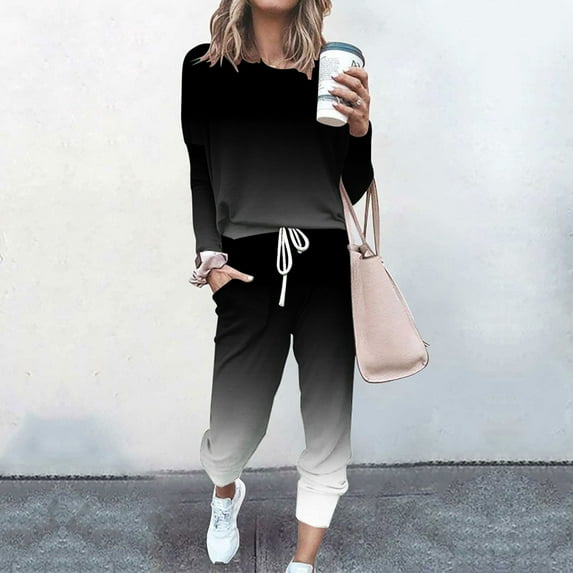 Sweatsuits 2pcs Sets for Womens Long Sleeved Blouses Fashion Set Black Size 3XL