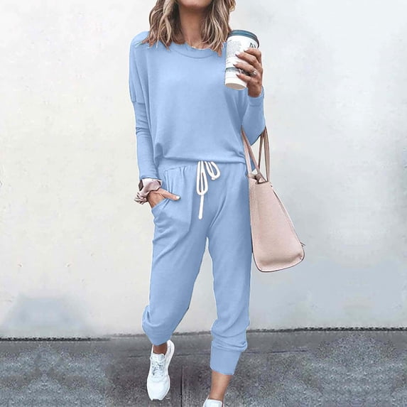 Sweatsuits 2pcs Sets for Womens Long Sleeved Printed Blouses Casual SetBlue Size 3XL