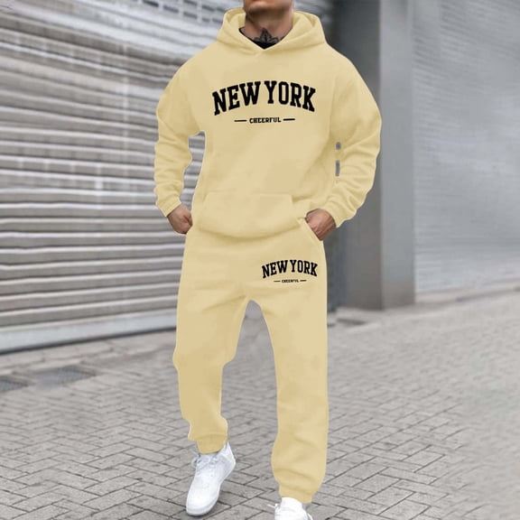 Sweatsuits For Men Set 2 Piece Letter Print Loose Hoodies Sweatshirt And Joggers Sweatpants Set Casual Street Sport Suit Sets Clothes Outfits Beige S