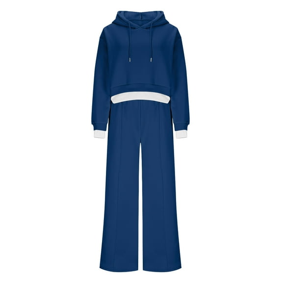 Sweatsuits For Women 2 Piece Set Hooded Long Sleeve Tops Drawstring Straight Leg Pants Sports Casual Loose Outfits (S, Blue)