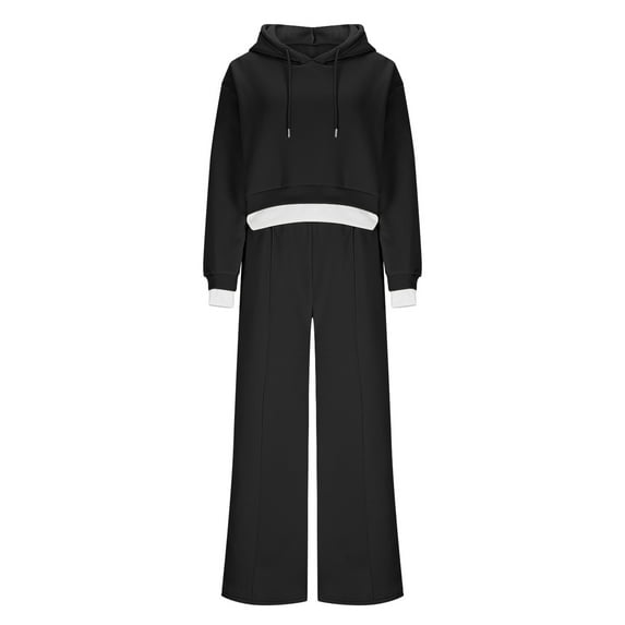 Sweatsuits For Women 2 Piece Set Hooded Long Sleeve Tops Drawstring Straight Leg Pants Sports Casual Loose Outfits (XXL, Black)