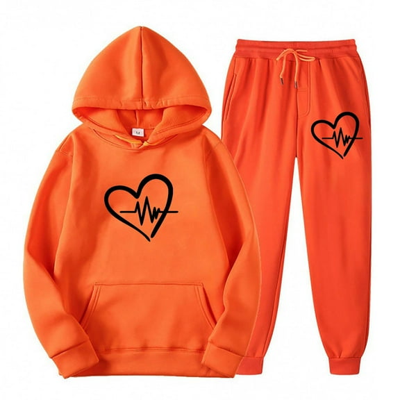 Sweatsuits For Women Set 2 Piece Jogging Outfit Casual Loose Heartbeat Print Hoodie Tracksuit Long Pant Hooded Sport Outfits,Orange 2,XL