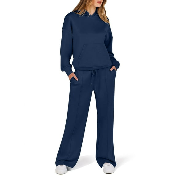 Sweatsuits For Women Set 2 Piece Outfits Fashionable Solid Color Long Sleeve Hoodie And Wide Leg Straight Thickened Pants Joggers Sweat Sets With Pocket Navy M