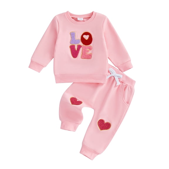 Sweatsuits for Girls Fall Winter Girls 2 Piece Casual Outfit Crew Neck Long Sleeve Letter Print Top and Pants Soft Coordinated Playwear for Toddler Kids Kids Sweatsuit Pink 18 Months-24 Months