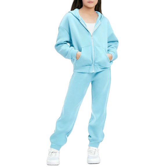 Sweatsuits Kids 2 Piece Zip Hoodie Jacket and Joggers Pant Sets Girl Boy Cotton Fleece Fall Sports Track Outfits (10-11Years, Light Blue)