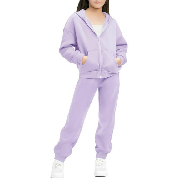 Sweatsuits Kids 2 Piece Zip Hoodie Jacket and Joggers Pant Sets Girl Boy Cotton Fleece Fall Sports Track Outfits (12-13Years, Purple)