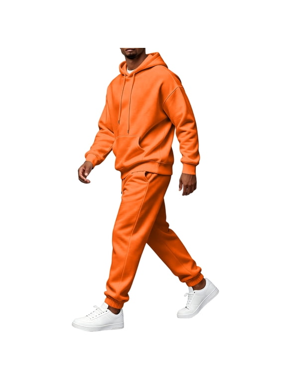 Sweatsuits Men 2 Piece Outfit Casual Hooded Sweatsuit Set Long Sleeve Hoodie & Elastic Cuff Jogger Pants All Match Leisure Everyday Outdoor Activity Tracksuit Orange S