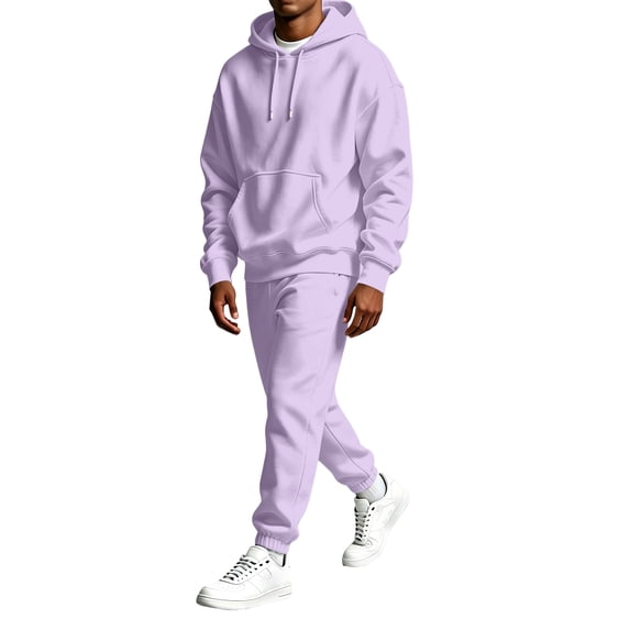 Sweatsuits Men 2 Piece Outfit Hoodie Jogger Sweatsuit Long Sleeve Solid Hooded Sweatshirt, Leisure Athletic Outfit for Everyday Outdoor Light Purple XXL