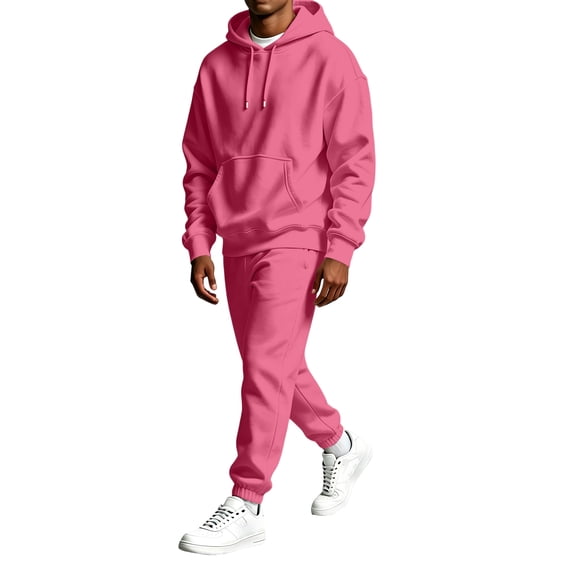 Sweatsuits Men 2 Piece Outfit Hoodie Jogger Sweatsuit Long Sleeve Solid Hooded Sweatshirt, Leisure Athletic Outfit for Everyday Outdoor Hot Pink XXL