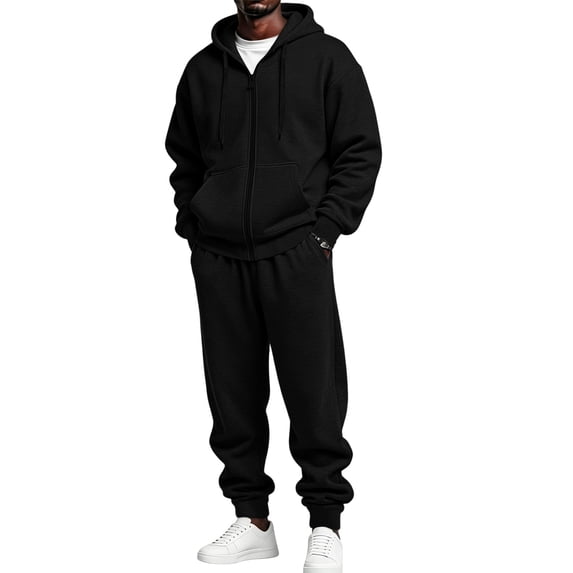 Sweatsuits for Men Full-Zip Long Sleeve Drawstring Fleece Lined Hoodie and Elastic Waist Jogger Pants with Pockets Sweatsuit Outfits Active Jogging Gym Soft Breathable Sportsuits,Black XL