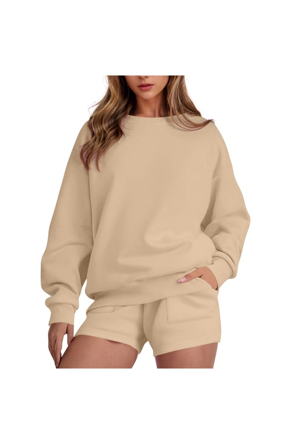 Sweatsuits Shorts Sets Womens Fall Outfits Oversized Crewneck Sweatshirt and Shorts Tracksuit Lounge Sportswear (M, Beige)