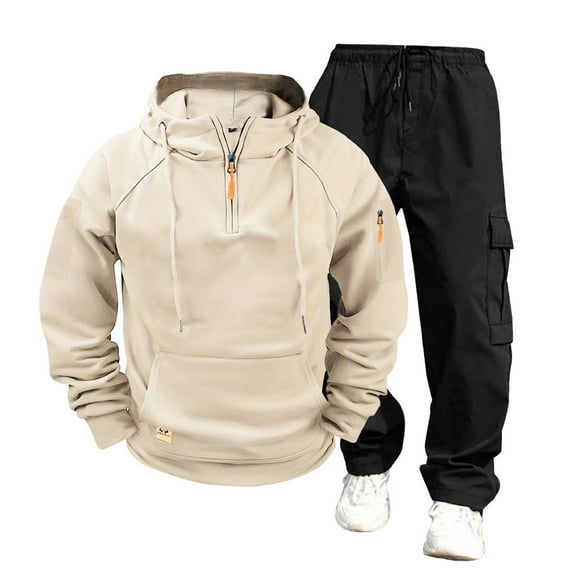 Sweatsuits Tracksuits for Men 2 Piece 1/4 Zip Hoodie and Cargo Pant Sets Casual Hiking Jogging Sport Outfits (S, Beige)