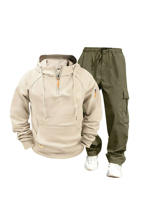 Sweatsuits Tracksuits for Men 2 Piece 1/4 Zip Hoodie and Cargo Pant Sets Casual Hiking Jogging Sport Outfits (S, Khaki)
