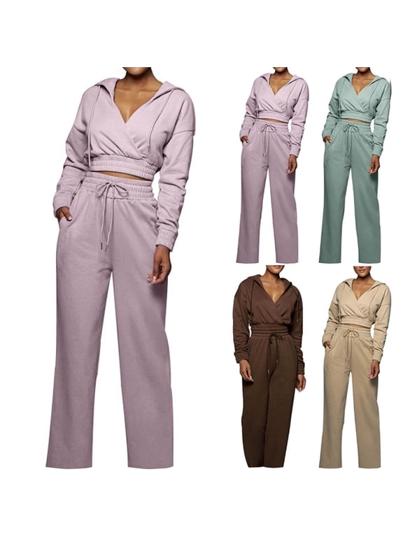 Sweatsuits for Women 2 PC Set Sexy Crossed Crop Long Sleeve Hooded Drawstring V-Neck Blouse Sweatshirts Tops & Elastic Waist Pockets Wide Leg Pants Womens Fall Fashion 2023 Sets Purple Size XL