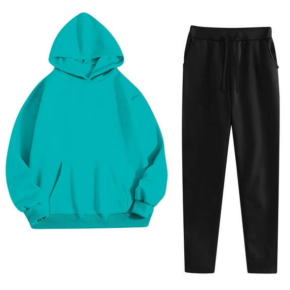Sweatsuits Women 2 Piece Cotton Jogging Outfits 4 Pockets Hoodie and Jogger Pant Sets Sweatpant Sportswear Fall (2XL, Light Blue+Black)