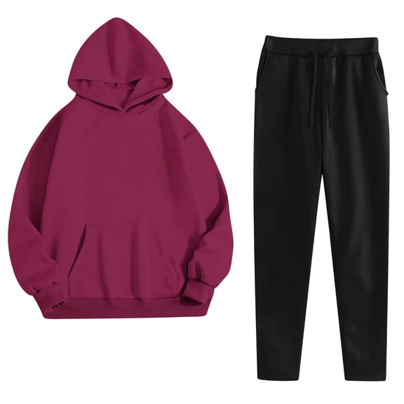 Sweatsuits Women 2 Piece Cotton Jogging Outfits 4 Pockets Hoodie and Jogger Pant Sets Sweatpant Sportswear Fall (L, Wine)