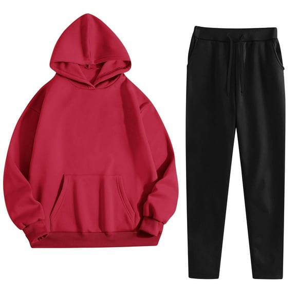 Sweatsuits Women 2 Piece Cotton Jogging Outfits 4 Pockets Hoodie and Jogger Pant Sets Sweatpant Sportswear Fall (XL, Red)