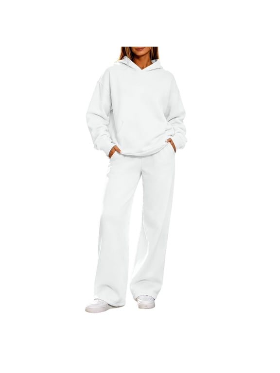 Sweatsuits Women, 2 Piece Hoodie and Wide Leg Pants Set, Casual Loose Fit Long Sleeve Fall Winter Outfits, White|Hooded XL