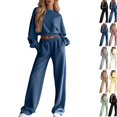 thumbnail image 1 of Sweatsuits Women 2 Piece Outfit 2026 Solid Drawstring Wide Leg Sweatpants Crew Neck Long Sleeve Cropped Tracksuit Dark Blue XL, 1 of 7