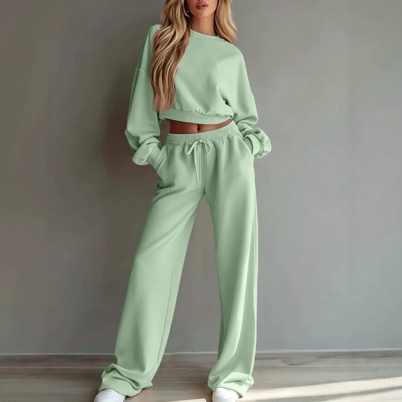 Sweatsuits Women 2 Piece Outfit 2026 Solid Drawstring Wide Leg Sweatpants Crew Neck Long Sleeve Cropped Tracksuit L