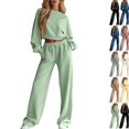 thumbnail image 1 of Sweatsuits Women 2 Piece Outfit 2026 Solid Drawstring Wide Leg Sweatpants Crew Neck Long Sleeve Cropped Tracksuit Light Green XL, 1 of 7