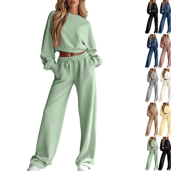 Sweatsuits Women 2 Piece Outfit 2026 Solid Drawstring Wide Leg Sweatpants Crew Neck Long Sleeve Cropped Tracksuit Light Green XL
