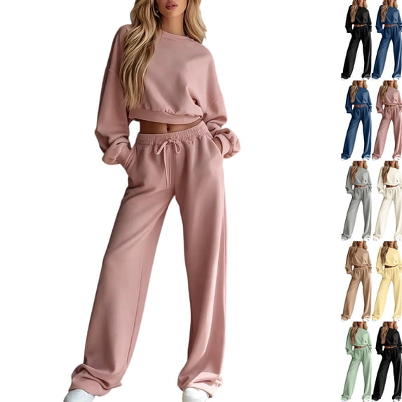 Sweatsuits Women 2 Piece Outfit 2026 Solid Drawstring Wide Leg Sweatpants Crew Neck Long Sleeve Cropped Tracksuit Pink 2XL