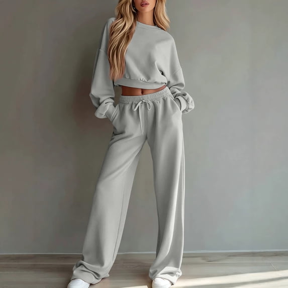 Sweatsuits Women 2 Piece Outfit 2026 Solid Drawstring Wide Leg Sweatpants Crew Neck Long Sleeve Cropped Tracksuit S