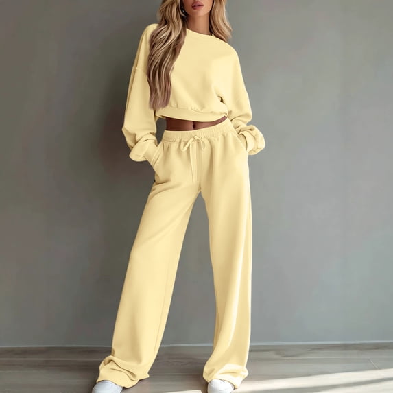 Sweatsuits Women 2 Piece Outfit 2026 Solid Drawstring Wide Leg Sweatpants Crew Neck Long Sleeve Cropped Tracksuit S