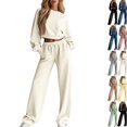 thumbnail image 1 of Sweatsuits Women 2 Piece Outfit 2026 Solid Drawstring Wide Leg Sweatpants Crew Neck Long Sleeve Cropped Tracksuit White L, 1 of 7